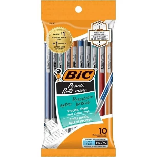 Package of BIC mechanical pencils with a label highlighting features such as "Precision," "HB/#2," "0.5mm," and "the #1 selling mechanical pencil."