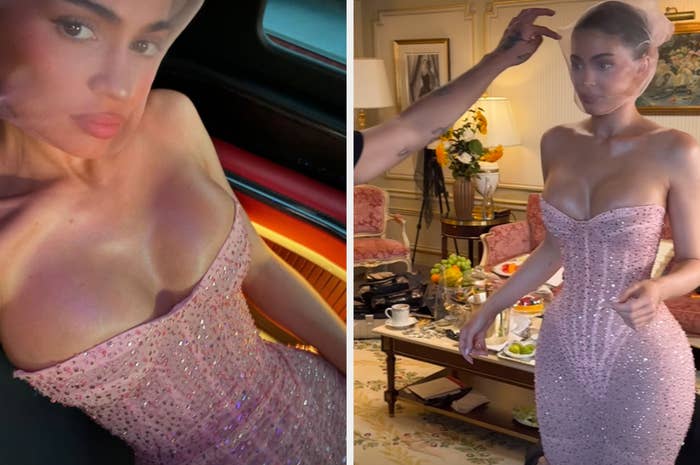 Kylie Jenner is seen wearing a strapless, sparkly gown with a sheer veil over her face. One image shows her in a car and the other in a room being prepped by a stylist