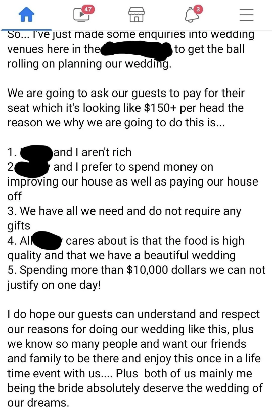Facebook post explaining wedding planning costs. The couple asks guests to pay for their meals due to financial constraints and desire to invest in their home