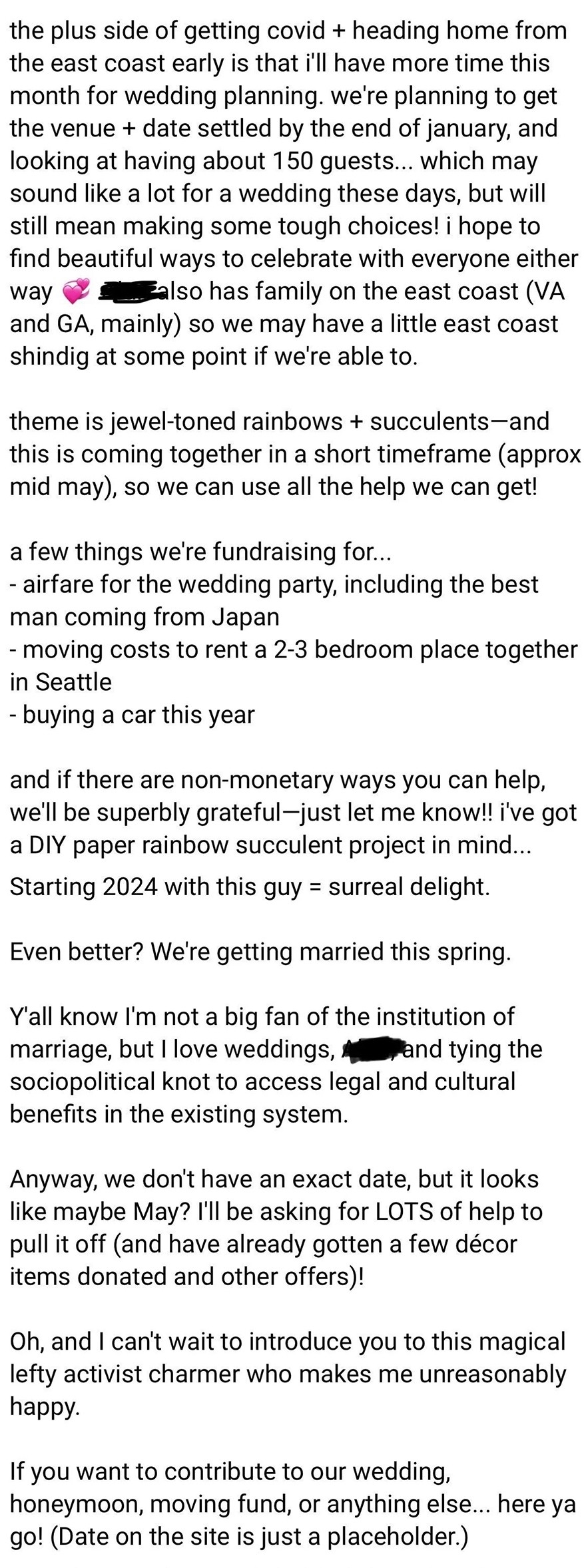 A person shares a detailed update, covering their recent bout with COVID, wedding plans for spring, a move to an East Coast city, and prep for a yard sale