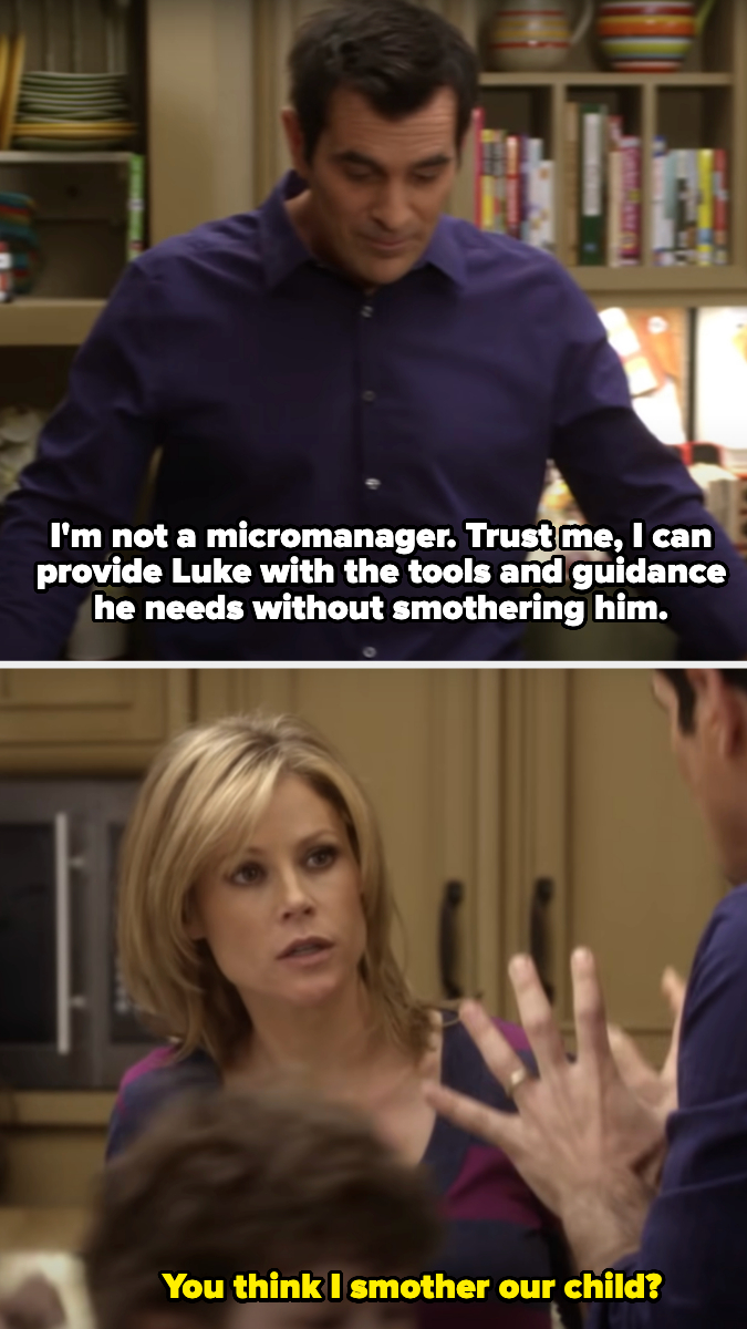 Phil Dunphy and Claire Dunphy from Modern Family discussing parenting; Phil claims he can guide Luke without smothering him, and Claire questions if she smothers Luke