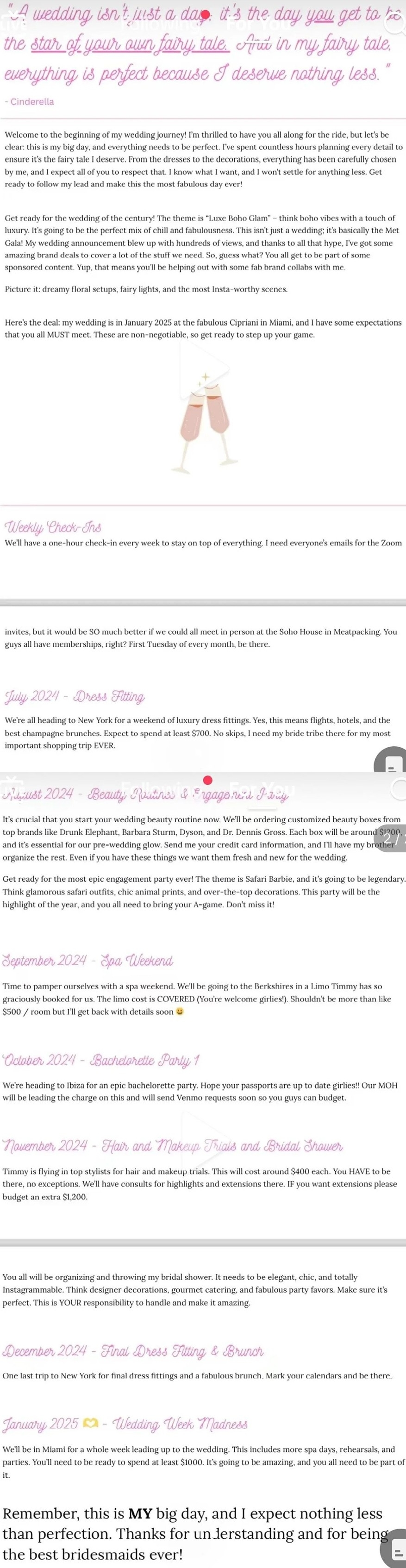 Flyer for someone's wedding. Text includes wedding date in Malibu, asking guests to wear soft pink dresses and blazers, RSVP details, and a reminder to respect the dress code
