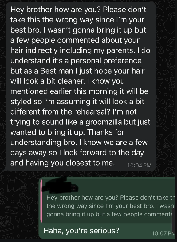 Text messages discussing grooming preferences and expressing concerns about the appearance of hair for an upcoming event. Response shows disbelief