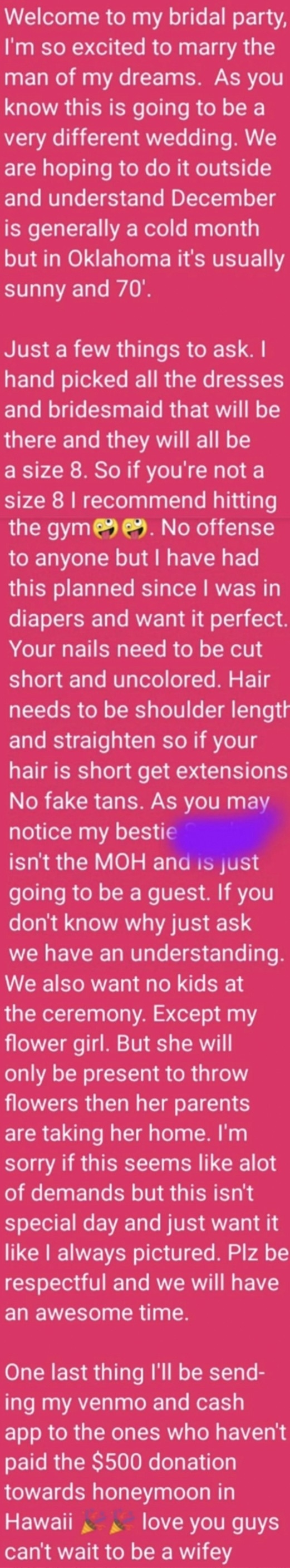 Text image summarizing a bride's message to her bridal party, describing a relaxed themed wedding, planning details, and requesting RSVPs with dietary notes for the reception