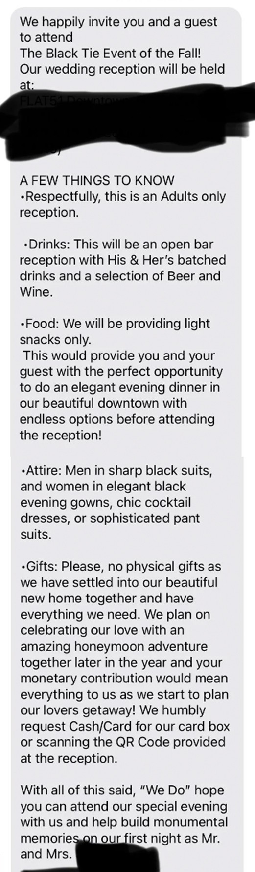 Invitation text for the Black Tie Event of the Fall, mentioning dress code, open bar, food, adults-only policy, and optional contributions for gifts, ending with a QR code for their special night