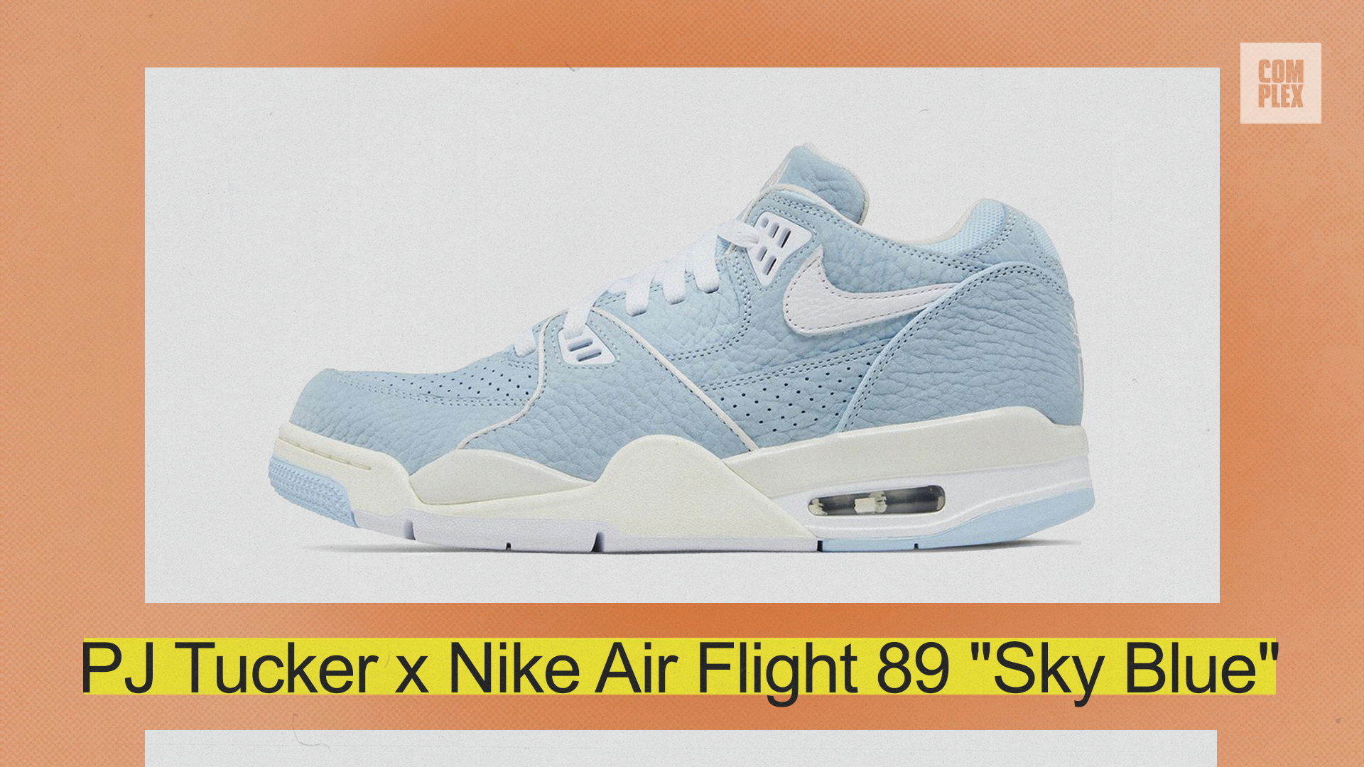 Nike Air Flight 89 &quot;Sky Blue&quot; sneaker collaboration with PJ Tucker, featuring a light blue textured design with white accents and a visible air unit. Text: &quot;PJ Tucker x Nike Air Flight 89 &#x27;Sky Blue&#x27;&quot;