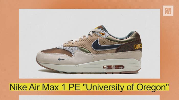Nike Air Max 1 PE &quot;University of Oregon&quot; sneaker with brown, beige, and green details. The Complex logo is in the top right corner
