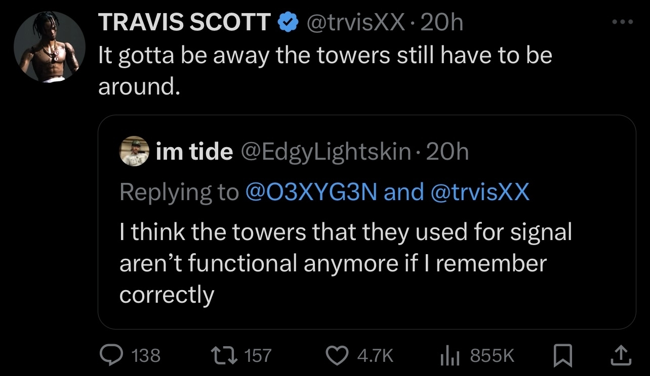 Screenshot of tweets from Travis Scott and @EdgyLightskin discussing non-functional towers affecting signal, with high engagement shown by likes and replies