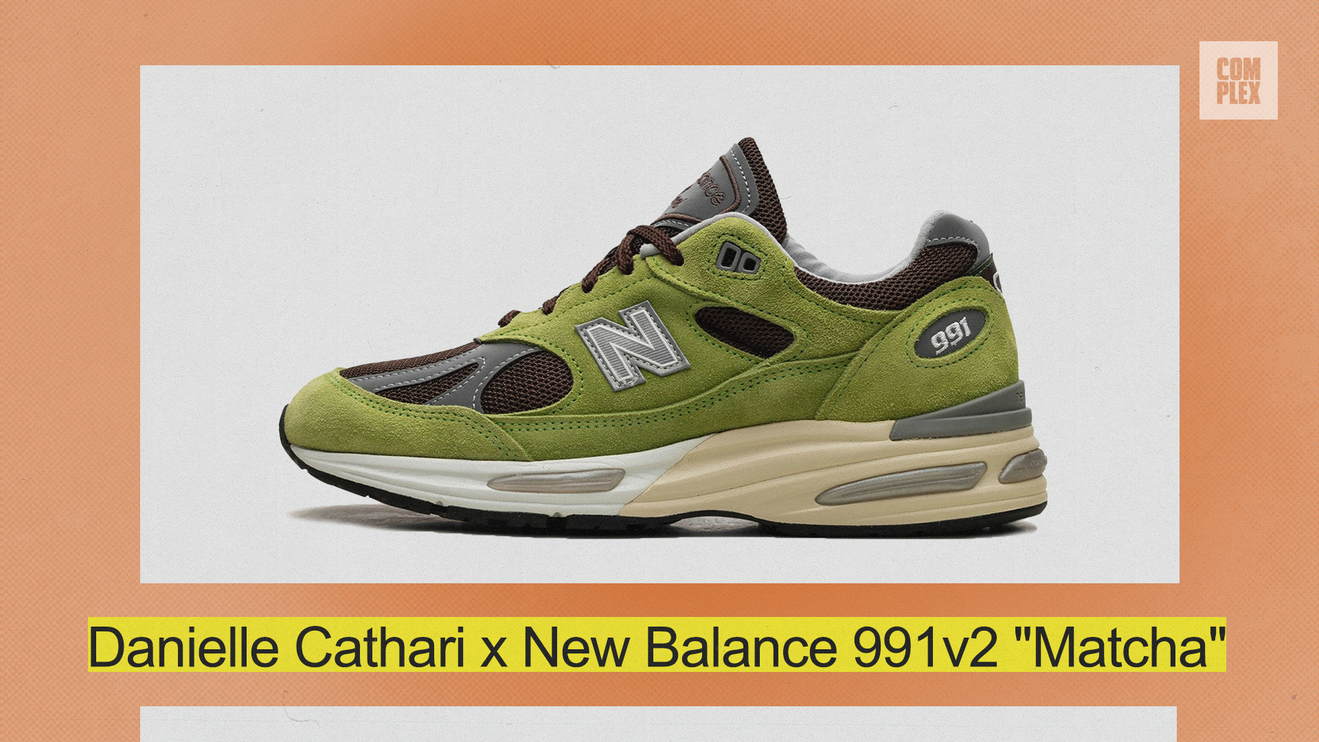 Danielle Cathari x New Balance 991v2 &quot;Matcha&quot; sneaker with green and gray details, featured in Complex article