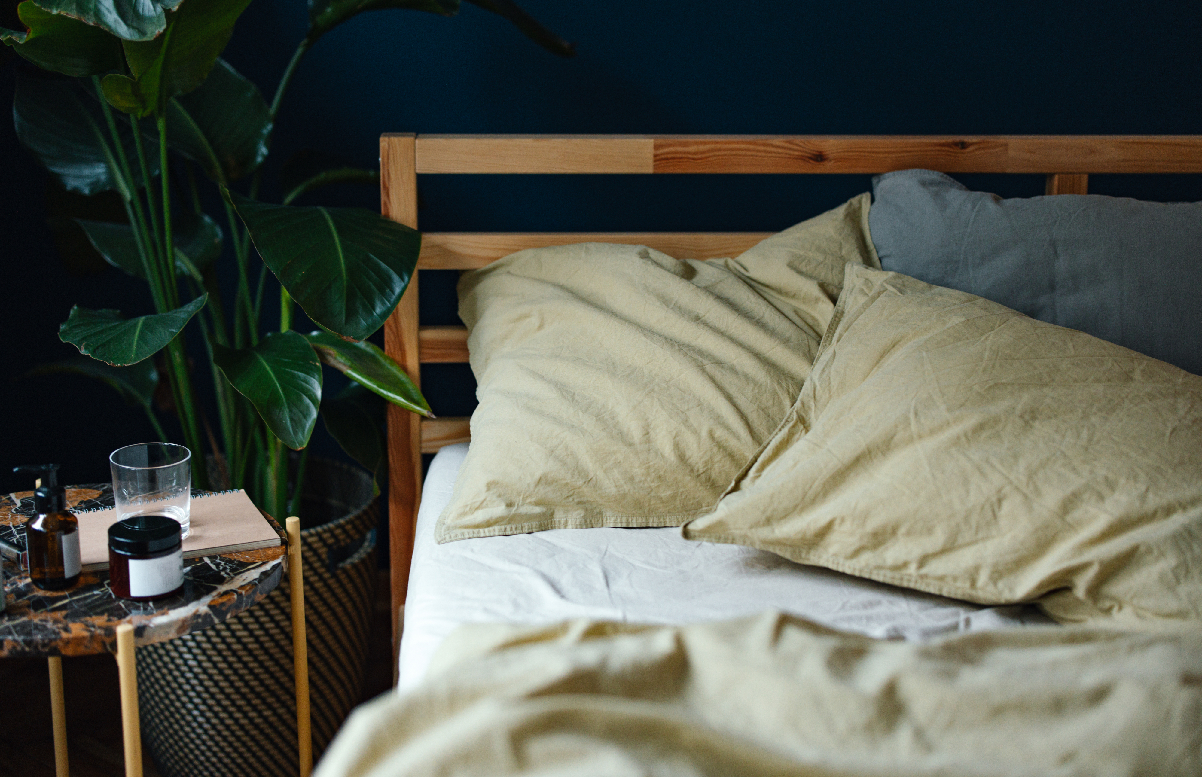 A neatly made bed with beige sheets and pillows. A bedside table holds a glass of water, a candle, and a small bottle. A large leafy plant is placed next to the table