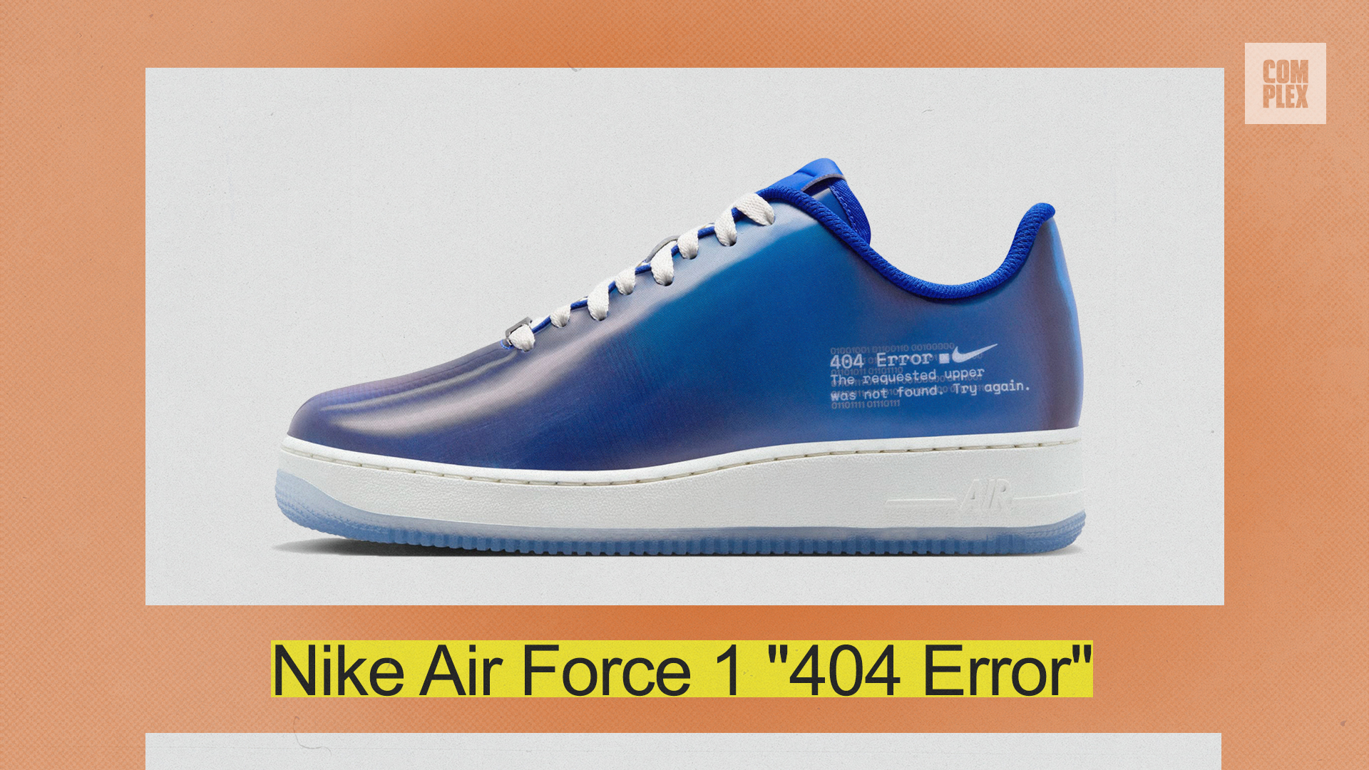 Nike Air Force 1 &quot;404 Error&quot; sneaker, featuring a sleek design with the text &quot;404 Error - The requested sneaker was not found. Try again.&quot; on the side