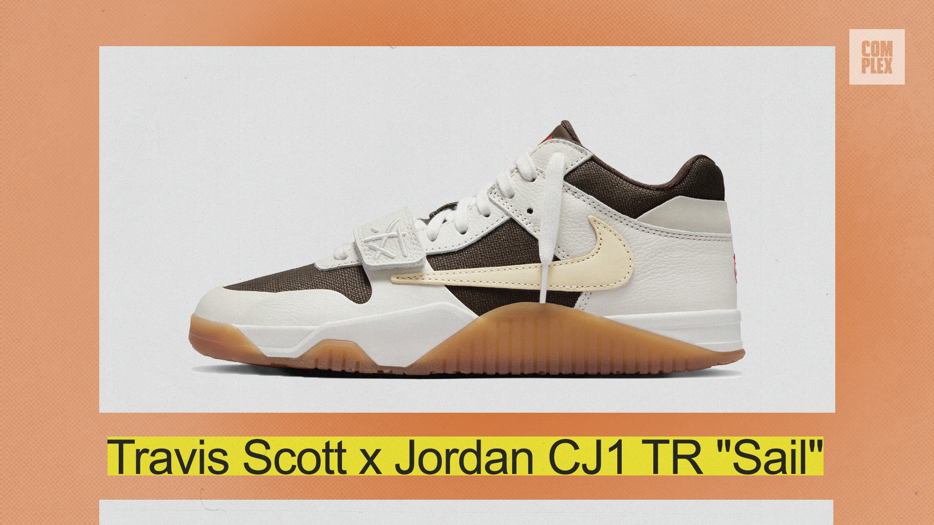 Sail-colored Travis Scott x Jordan CJ1 TR sneaker with a white and brown design, featuring a cream Nike swoosh and a gum sole. &quot;Travis Scott x Jordan CJ1 TR &#x27;Sail&#x27;&quot; is written below