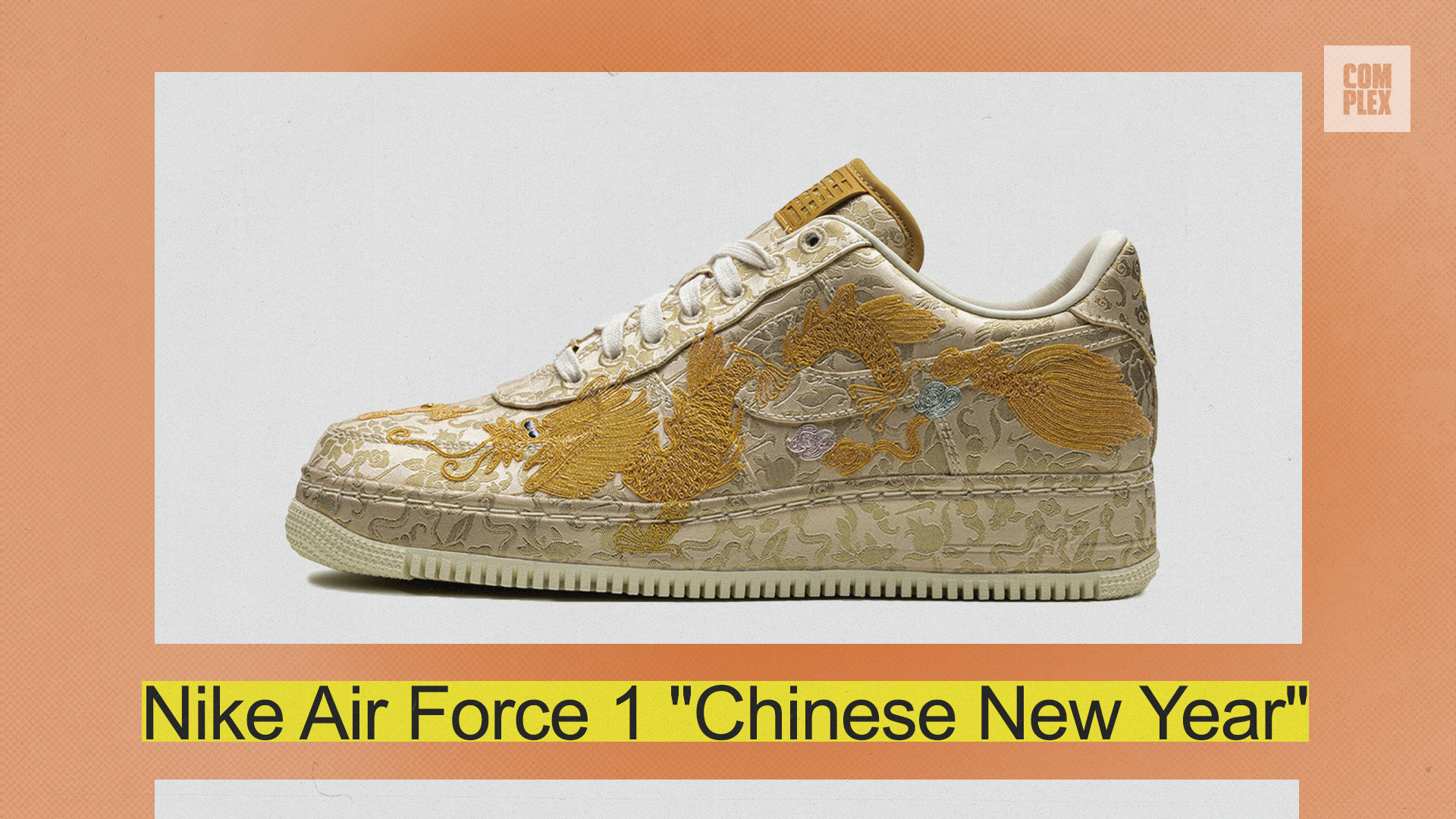 Nike Air Force 1 &quot;Chinese New Year&quot; sneaker featuring intricate patterns on the upper and a yellow Complex logo in the top right corner