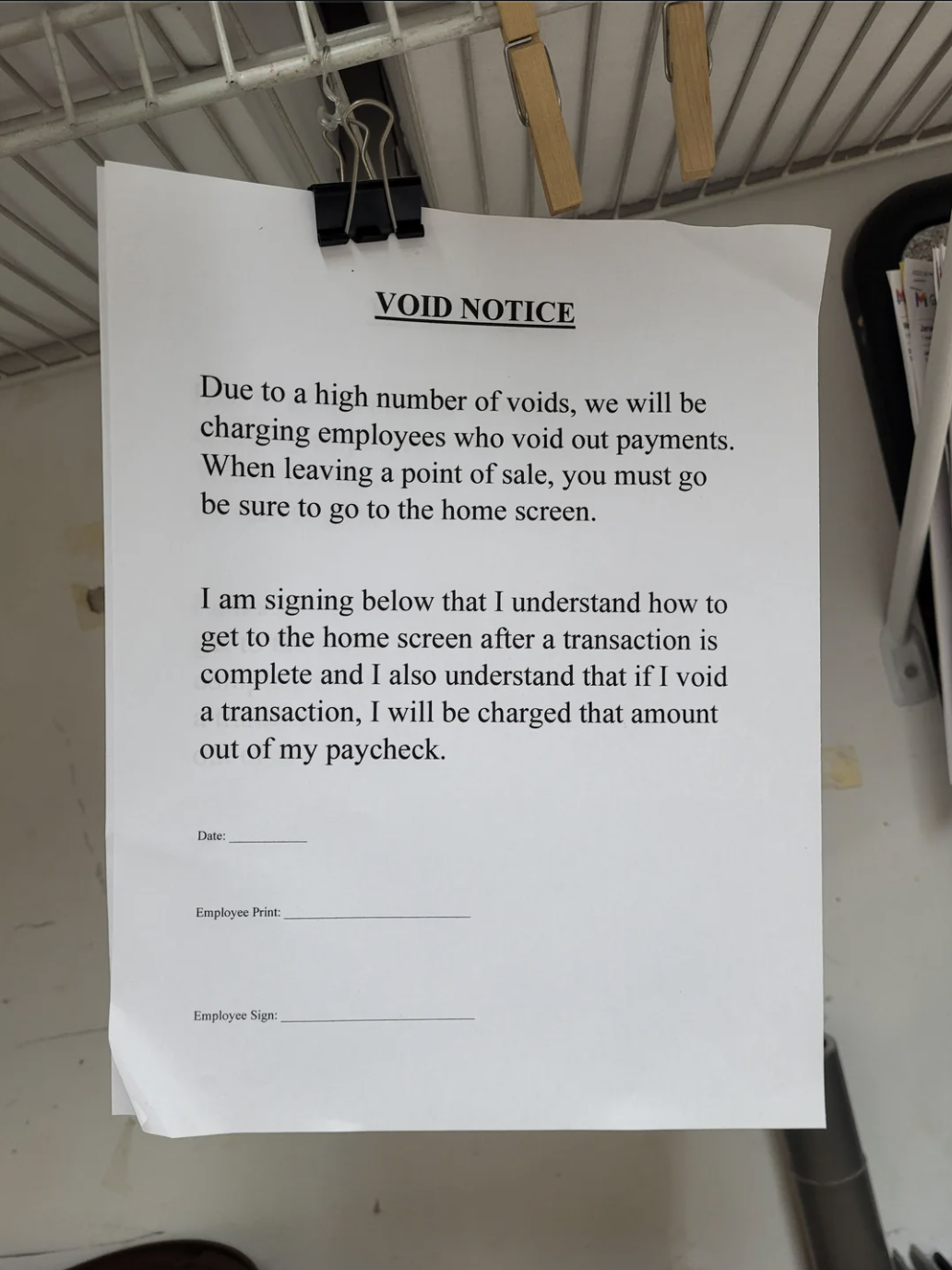 VOID NOTICE. Message states employees volition beryllium charged for voiding retired payments and indispensable log into the location surface earlier voiding. Signature lines included