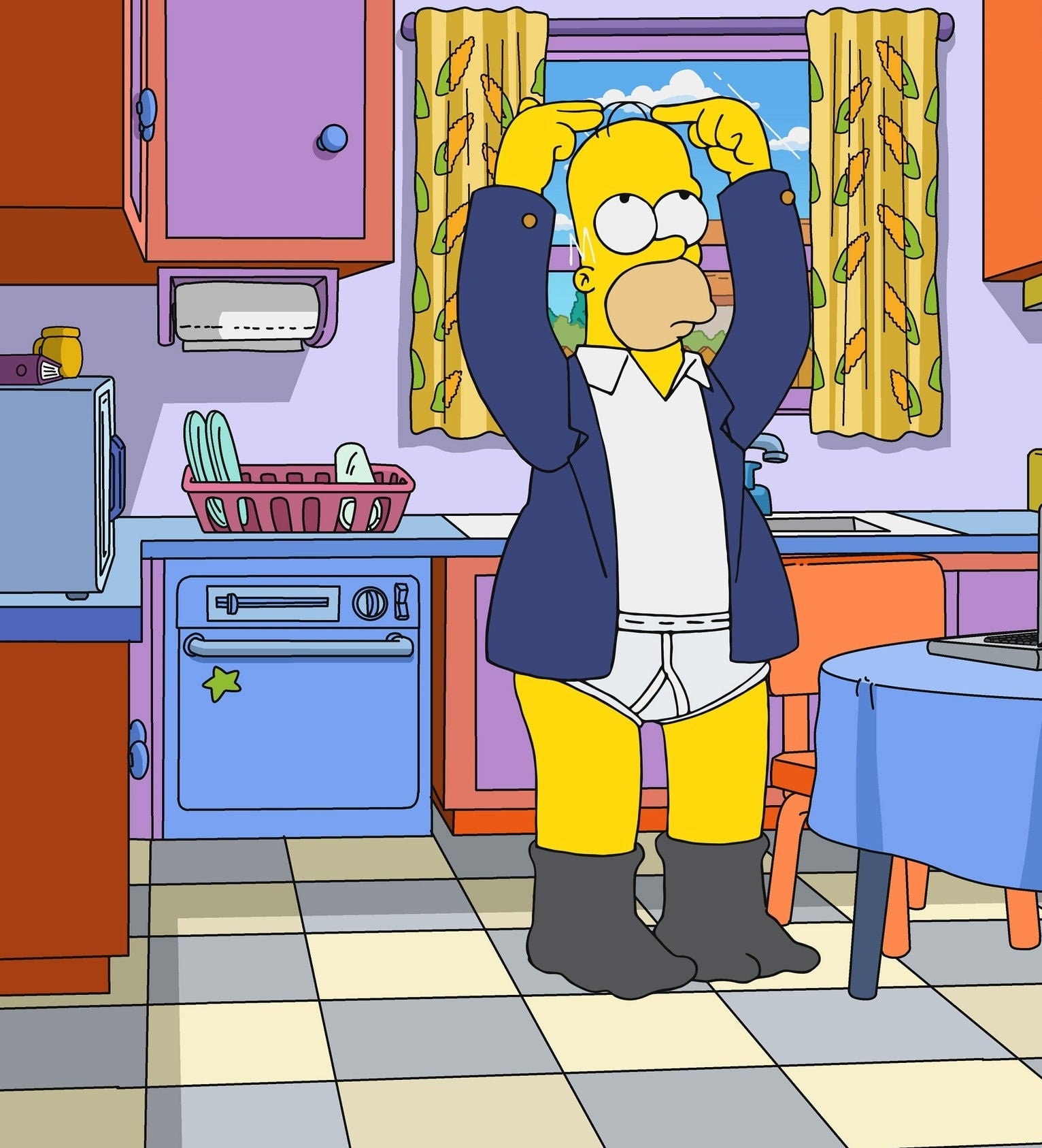 Homer Simpson stands in his kitchen adjusting his shirt,