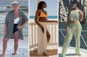 From left to right: reviewer wearing mid-length button-up over swimsuit, reviewer wearing sheer sarong, reviewer wearing matching mesh top and pants set over bikini