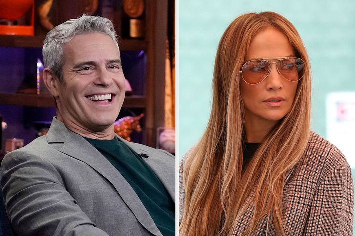 Andy Cohen smiling in a grey suit and green shirt on the left; Jennifer Lopez, wearing aviator sunglasses and a plaid coat, gazing to the side on the right