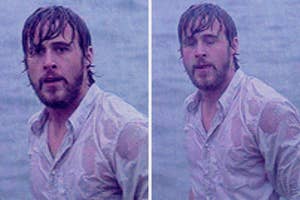 Ryan Gosling, drenched in rain, wearing a wet white shirt with sleeves rolled up, looking distressed and emotional in an outdoor scene