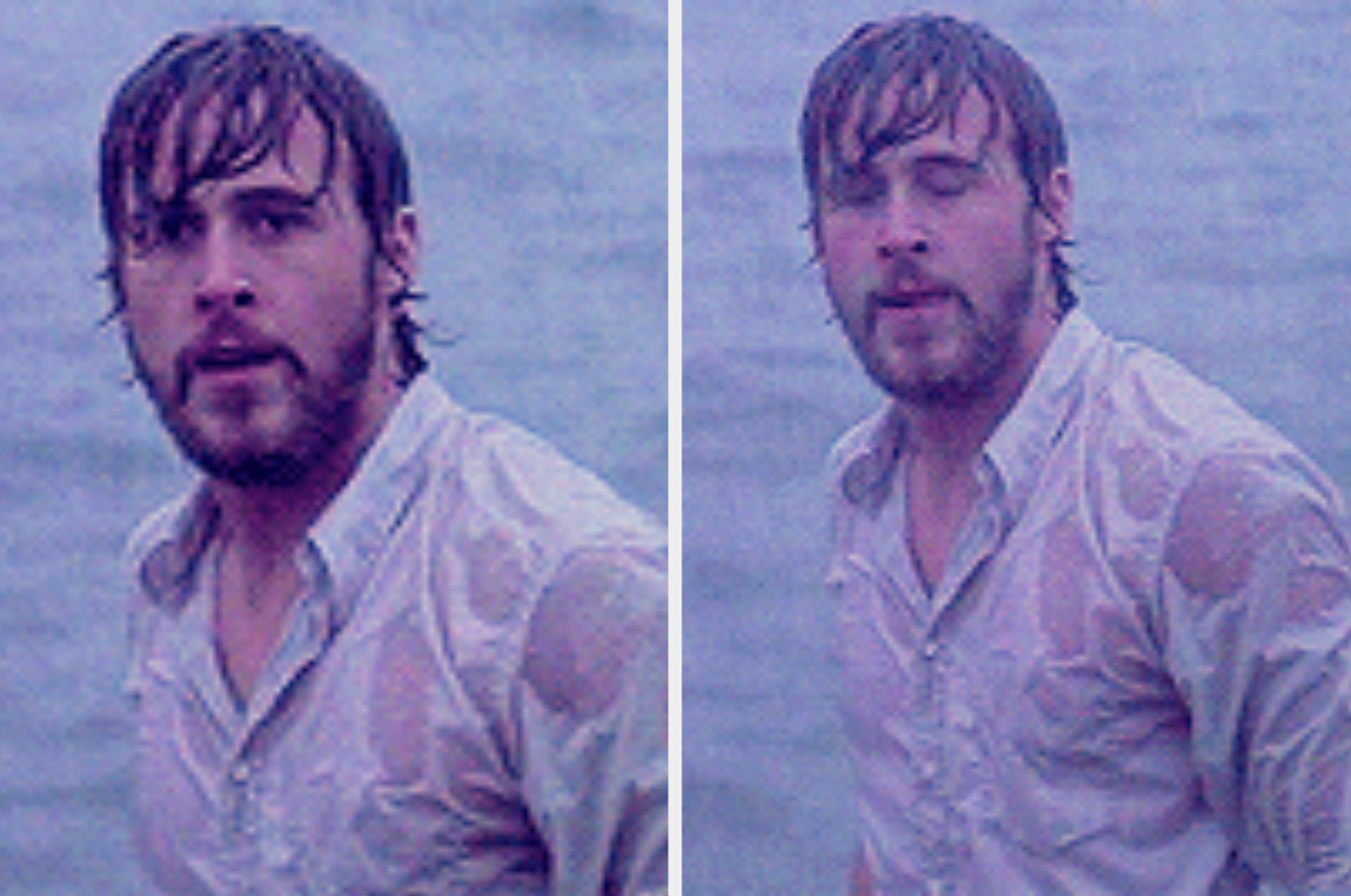 Ryan Gosling, drenched in rain, wearing a wet white shirt with sleeves rolled up, looking distressed and emotional in an outdoor scene