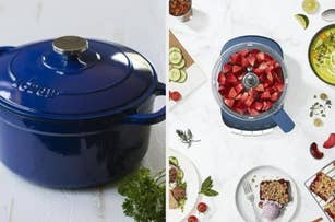 A blue Le Creuset cast iron pot with lid on left; on right, a food processor filled with chopped strawberries surrounded by plates of food and fresh ingredients