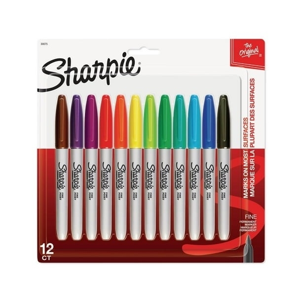 Package of 12 Sharpie fine permanent markers. The markers are displayed with their caps indicating different colors, suitable for most surfaces