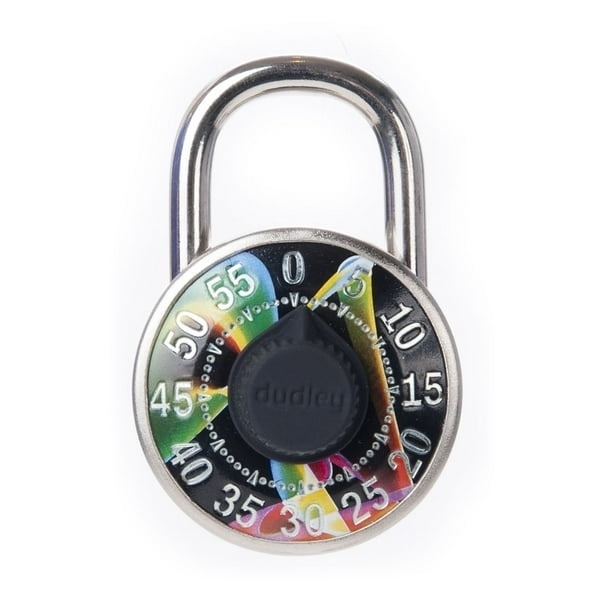 A silver combination lock with numbers 0 to 55 around a black dial labeled "dudley." The face of the lock features a rainbow design in the background