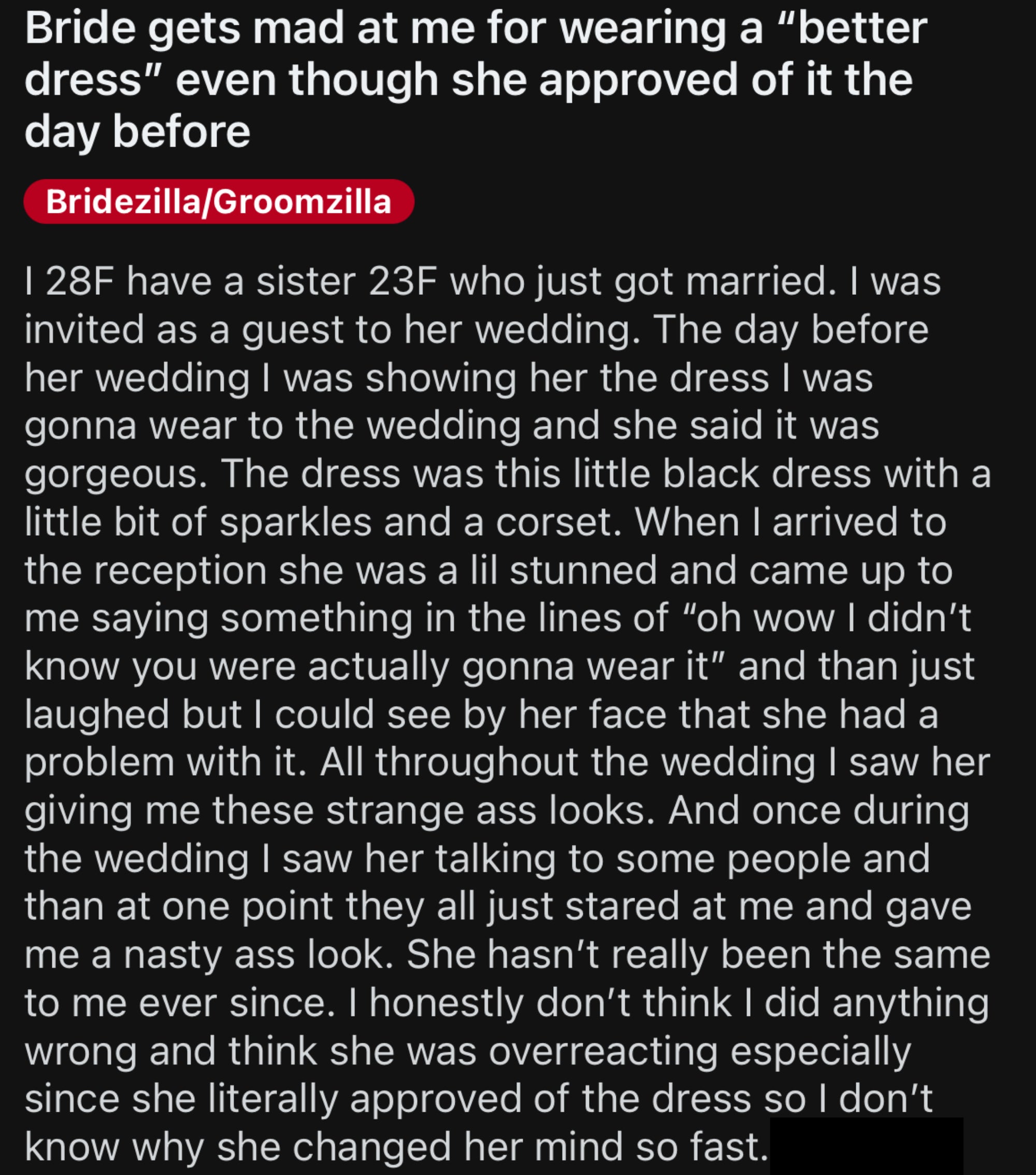Social media post titled "Bride gets mad at me for wearing a 'better dress' even though she approved of it the day before," discussing a disagreement between the bride and a guest about the guest's dress choice