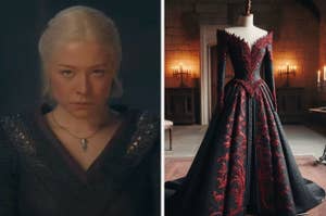 On the left, Emma D'Arcy as Queen Rhaenyra Targaryen on House of the Dragon, and on the right, a Victorian-style gown on a mannequin in a castle setting