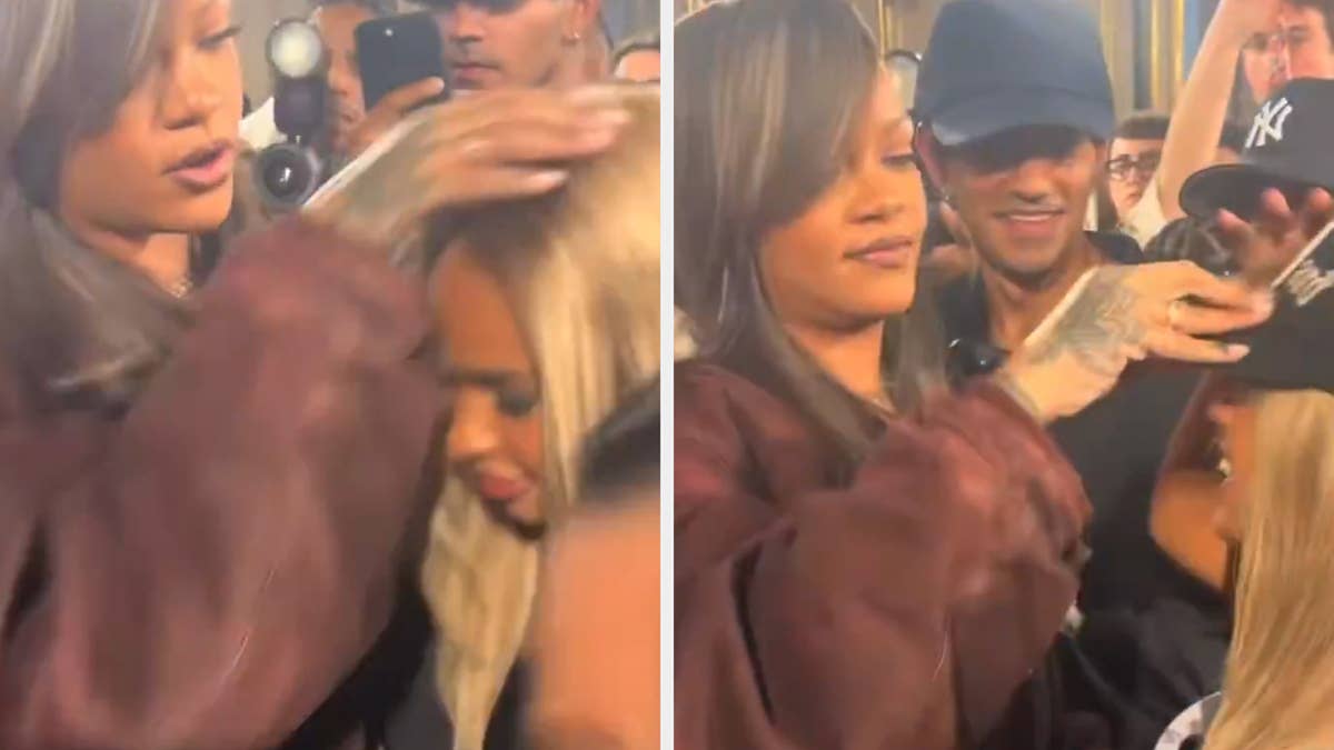 Rihanna took her time to pamper a fan's hair after accidentally knocking it off mid-hug.