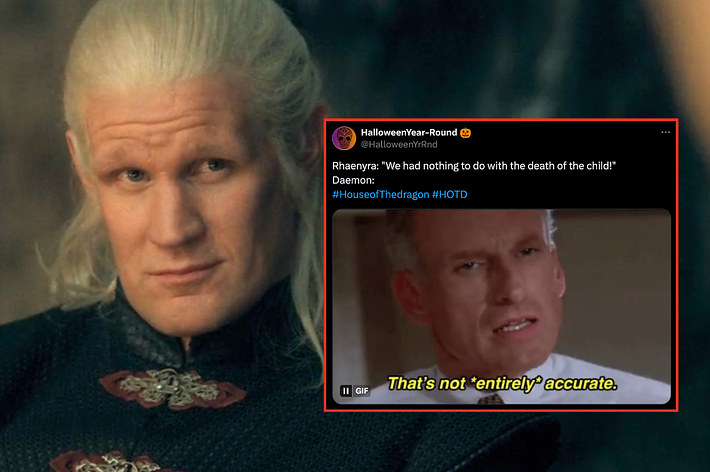 Matt Smith as Daemon Targaryen with a tweet overlay featuring a meme from the show “House of the Dragon."