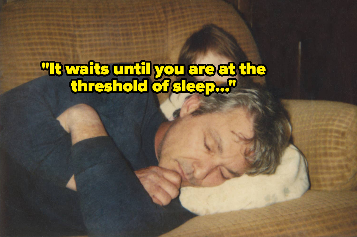 A man is napping on a couch, with a child resting their head on his shoulder. The overlaid text reads, "It waits until you are at the threshold of sleep..."