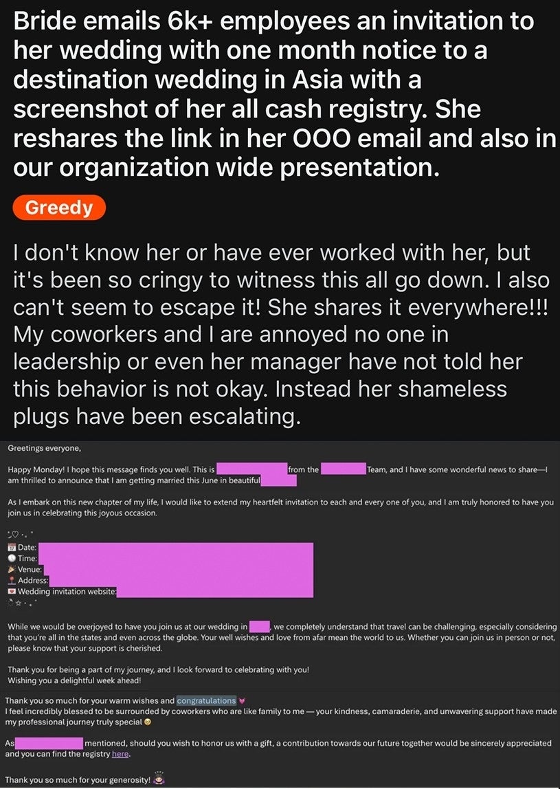 Text summarizes an email from a bride inviting 6,000+ employees to her wedding in Asia, with many complaints about her oversharing and unprofessional behavior in the office