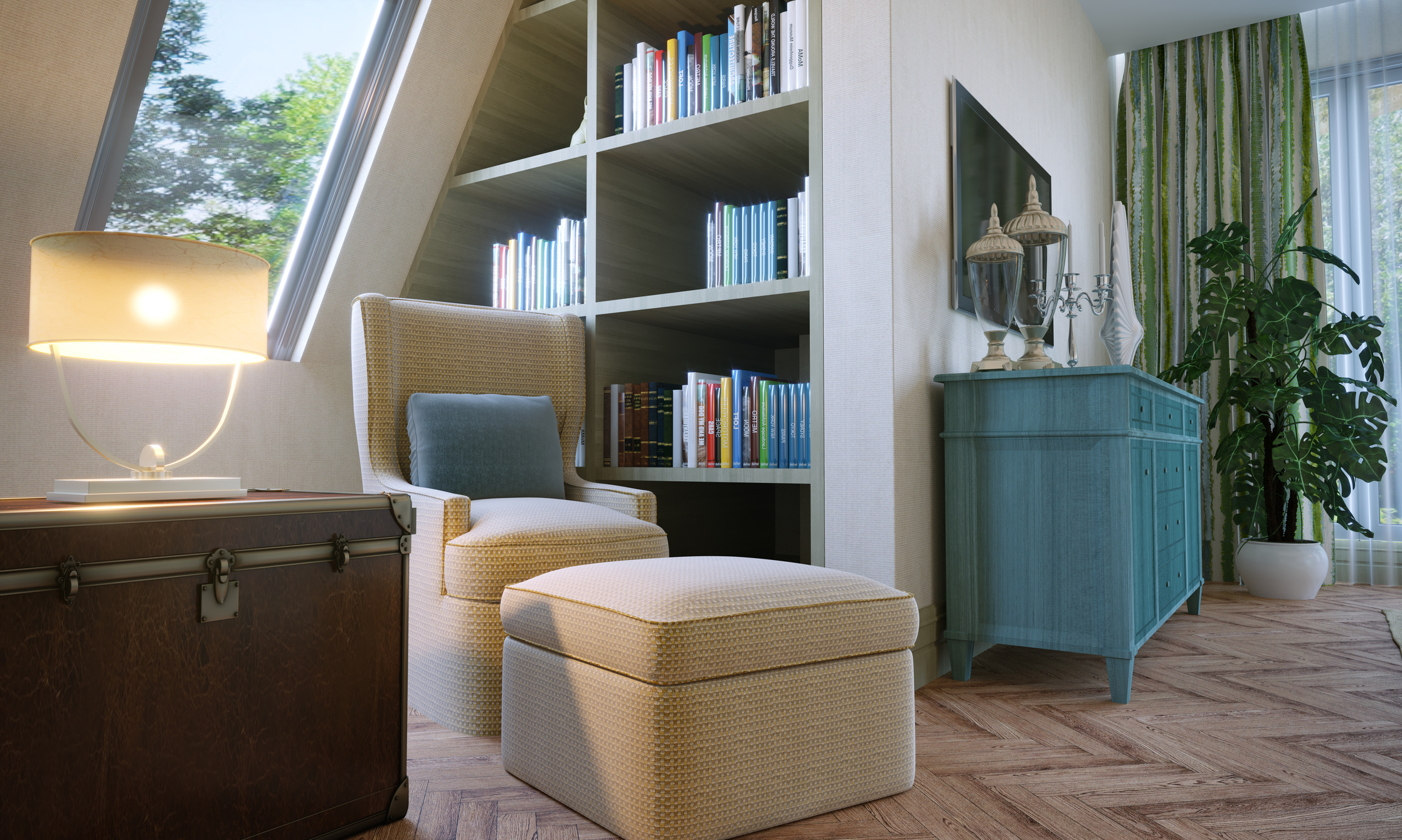 An inviting reading nook with a cozy armchair, ottoman, built-in bookshelf filled with books, a lamp, a chest, and a blue dresser, set near a window with greenery outside