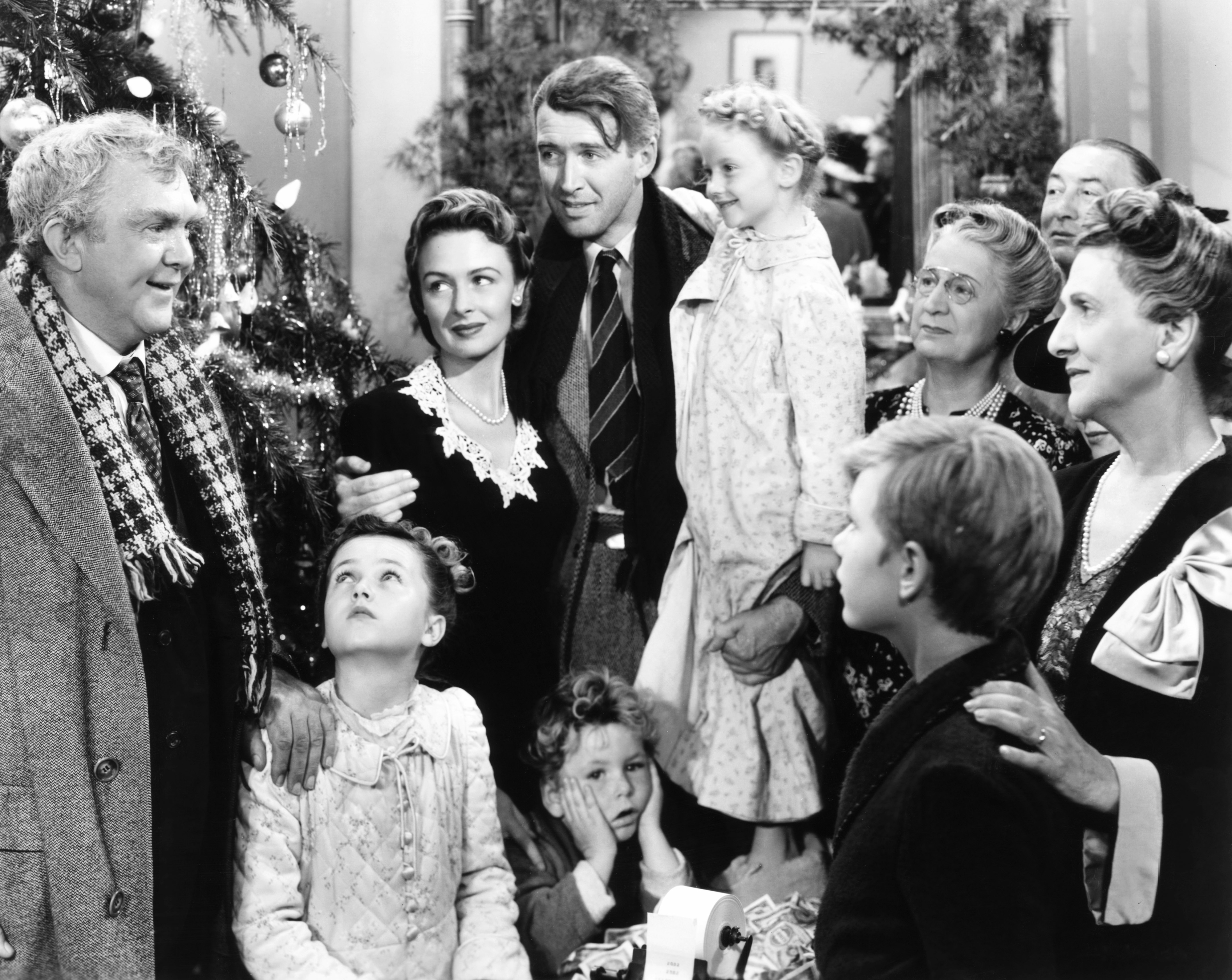 A scene from "It's a Wonderful Life" featuring James Stewart and Donna Reed