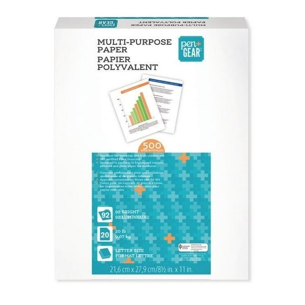 Pen+Gear 92 Bright 20lb Multi-Purpose Paper, 500 sheets, with printed examples of a bar graph and text on the front. Suitable for printing and copying