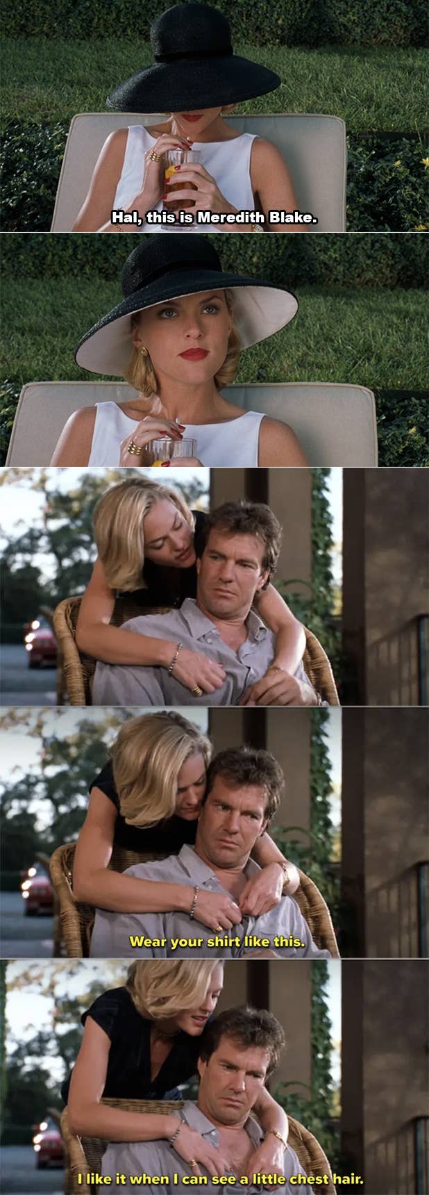 Meredith Blake from &quot;The Parent Trap&quot; sips wine, then embraces Nick Parker from behind, adjusting his shirt to reveal his chest hair