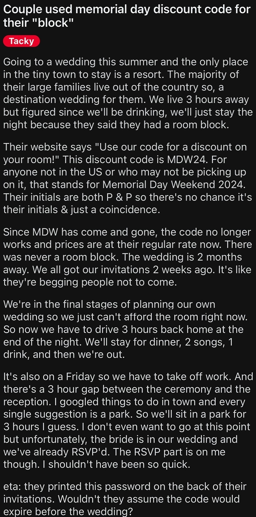 A long text describing a couple's use of a Memorial Day discount code for their wedding room block, concerns about guest responses, and potential misuse of the code by others