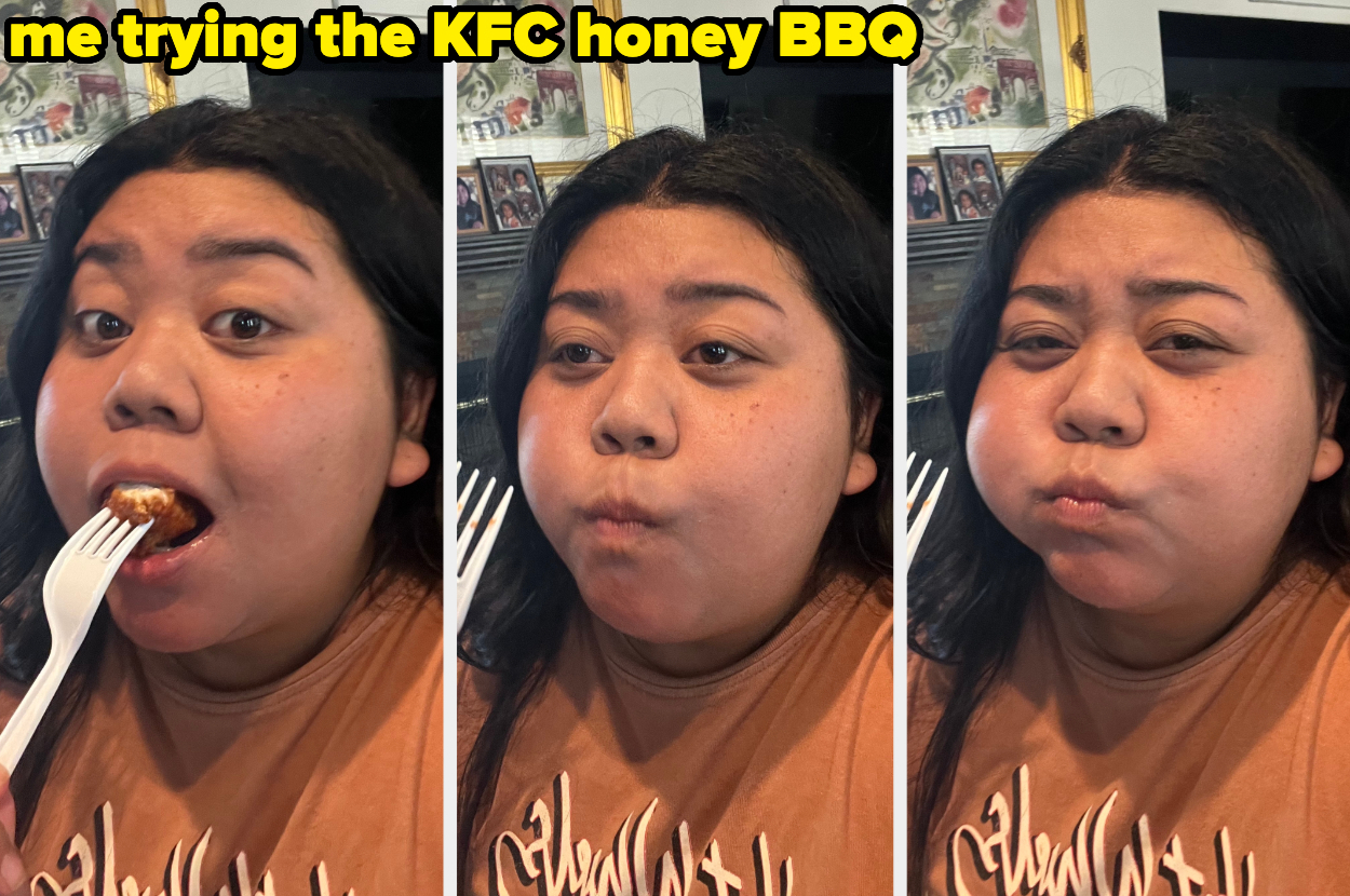 Three images of a person labeled "me" in the process of tasting KFC honey BBQ, showing their reactions from taking a bite to looking unsure