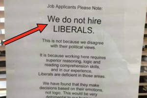 A job notice stating "We do not hire liberals" with reasons listed, including claims about reasoning, logic skills, and emotional decision-making