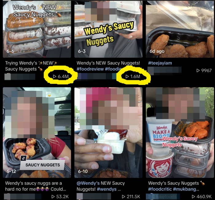 A TikTok search results page for "saucy nuggets," showing various videos of people reviewing and trying Wendy's new saucy nuggets