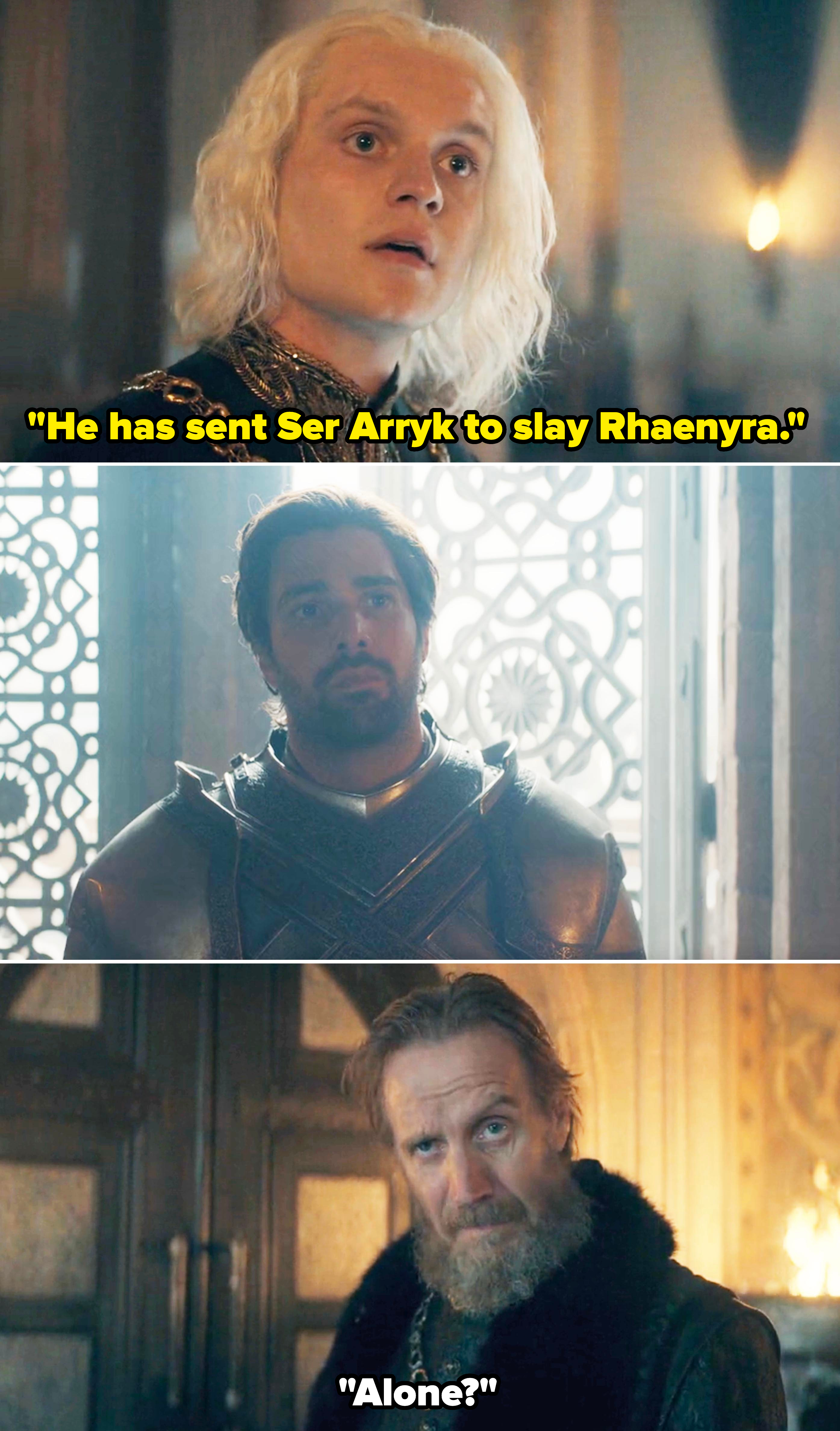 Top to bottom: Tom Glynn-Carney as Aegon II Targaryen, Fabien Frankel as Criston Cole, Rhys Ifans as Otto Hightower from the TV show "House of the Dragon."