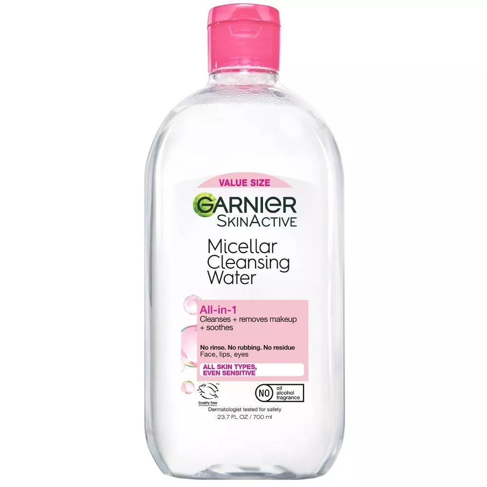 Garnier SkinActive Micellar Cleansing Water (23.7 fl oz/700 ml). All-in-one cleanser for face, lips, and eyes. No rinsing or rubbing, suitable for all skin types