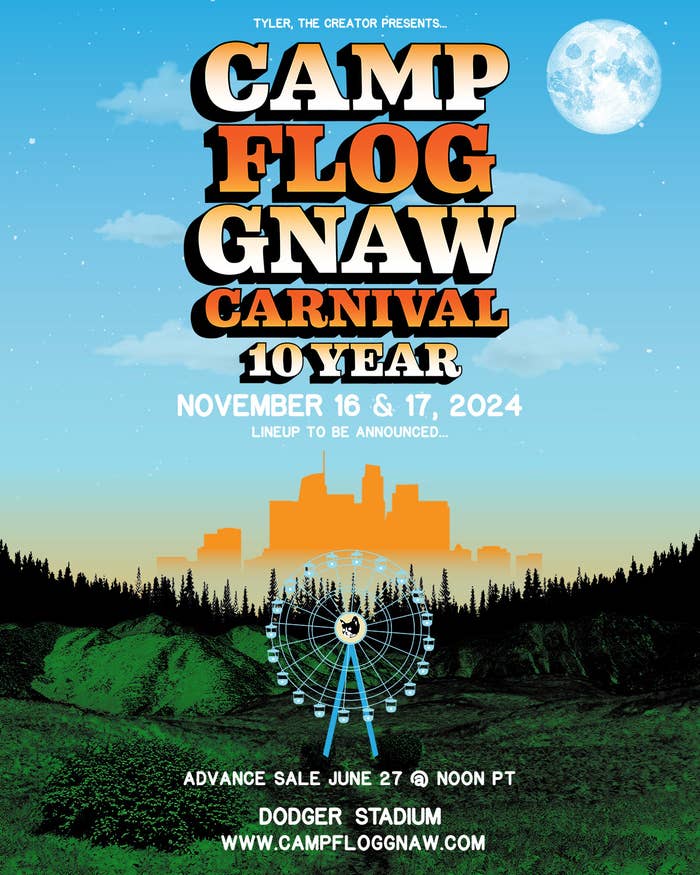 Poster for Camp Flog Gnaw Carnival announces its 10-year anniversary event on November 16 &amp; 17, 2024, at Dodger Stadium. Advance tickets on sale June 27, 2024