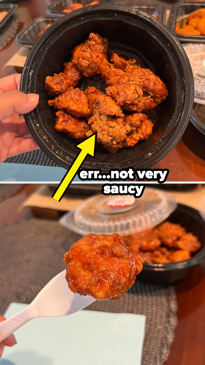 A person holds a container of fried chicken, with a yellow arrow and text "err…not very saucy." Another image below shows a piece of fried chicken on a fork