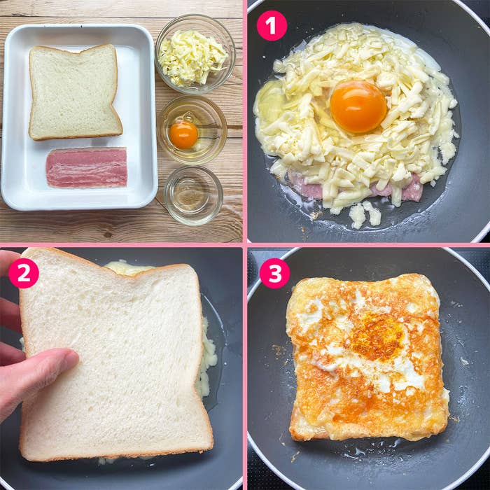 調理方法の手順を示す4コマの写真。1. パンと材料。2. 食パンをフライパンに入れる。3. 卵とチーズが乗った焼きパン。