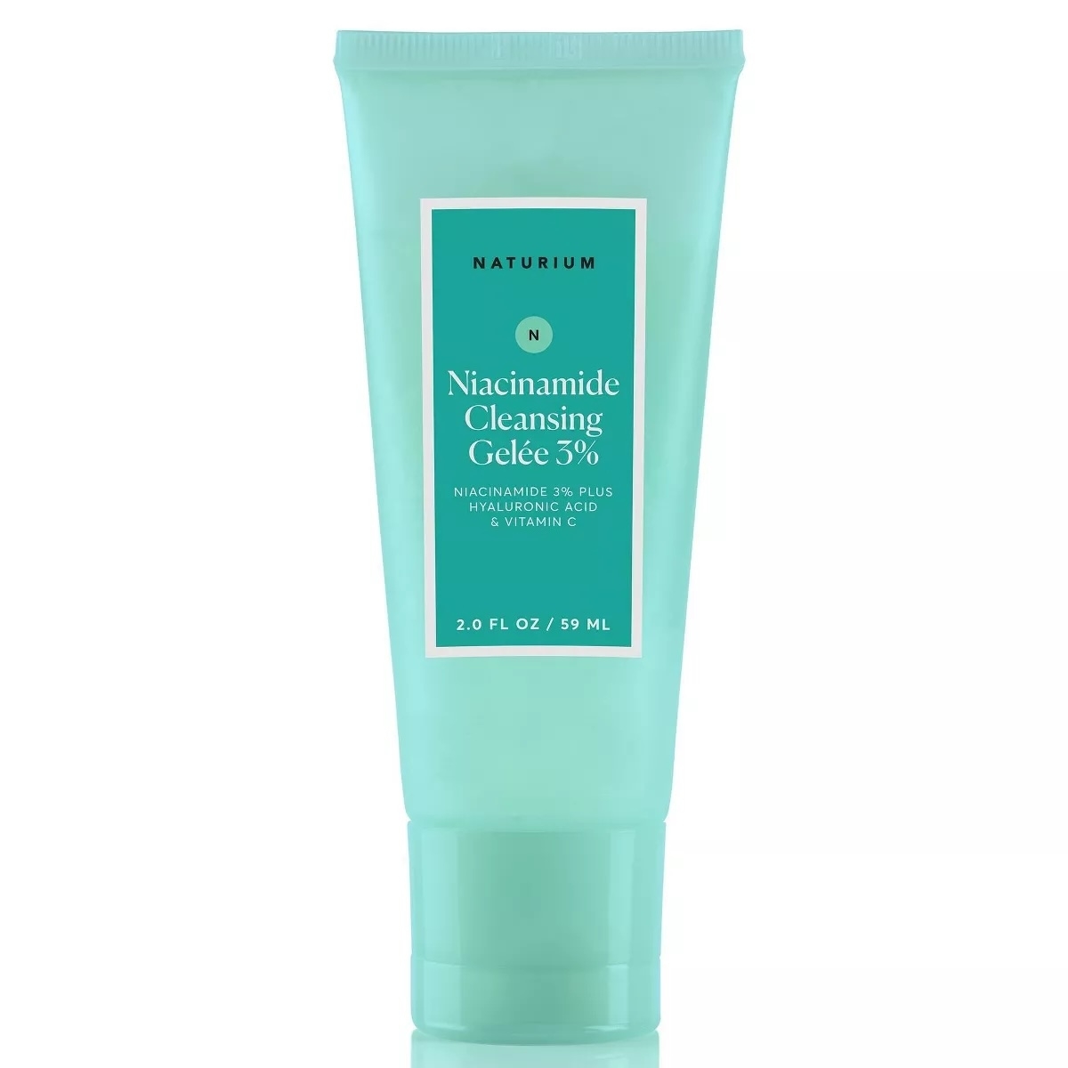 Front view of a 2.0 FL OZ (59 ML) tube of Naturium Niacinamide Cleansing Gelée 3%, featuring modern packaging and claims of skincare benefits like niacinamide and Vitamin C