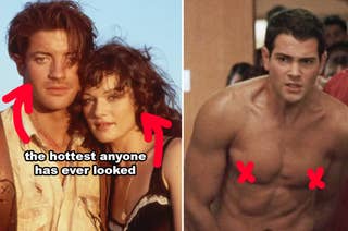 Brendan Fraser dressed in a vest standing next to Rachel Weisz in a corset with an overlaid caption, 