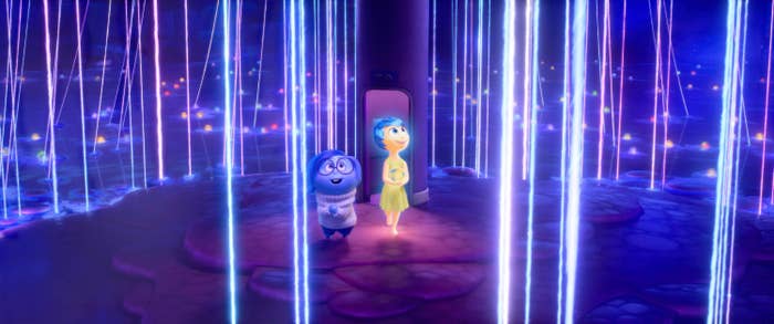 Two emotions walking in a scene from Inside Out 2