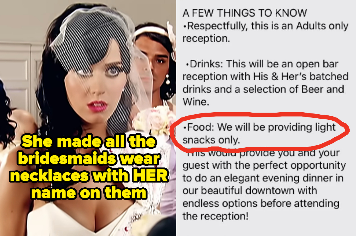 A bride with dark hair stands with bridesmaids wearing necklaces with her name. Accompanying text states: This is an adults-only event with drinks and light snacks provided