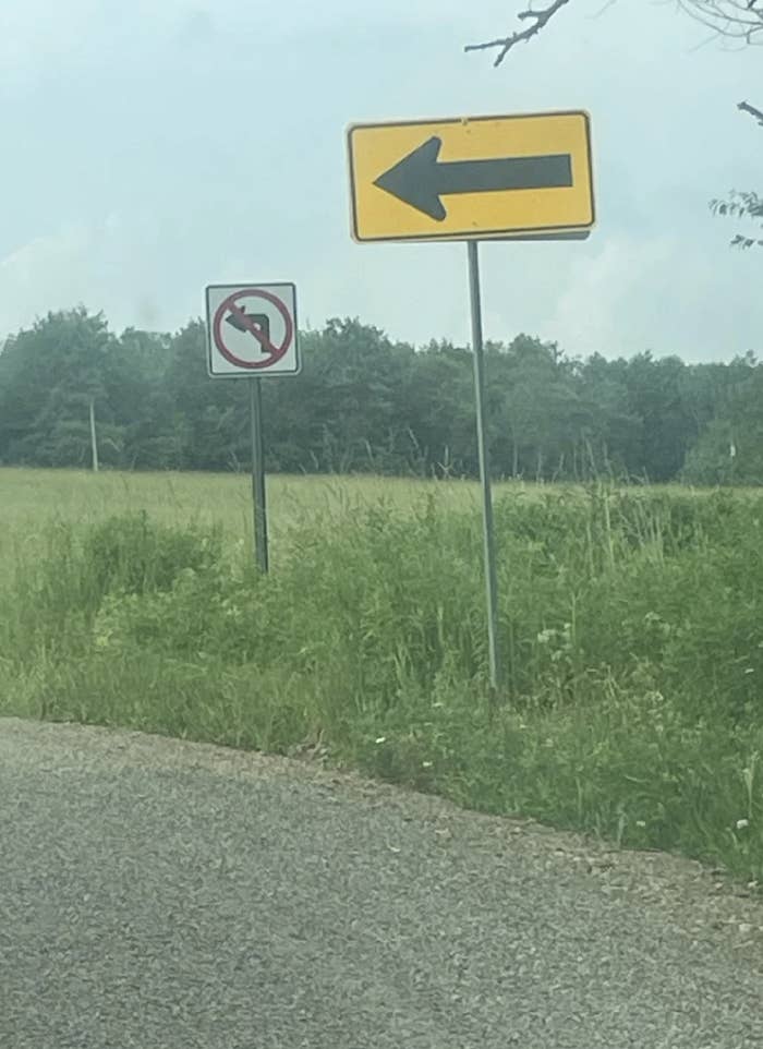 Road signs indicating no left turn and an arrow pointing right, by a rural grassy area